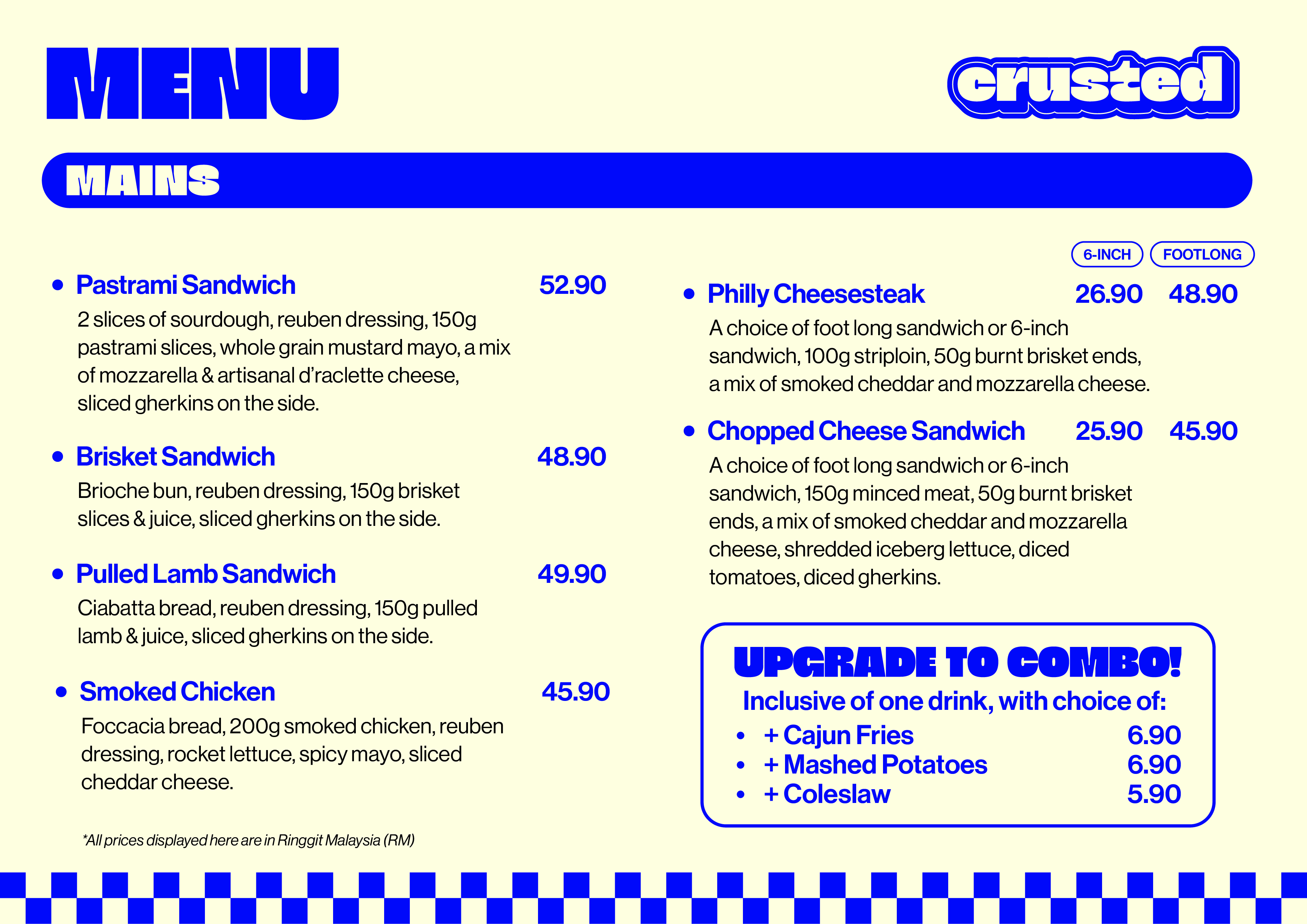 CRUSTED main menu: pastrami, brisket, pulled lamb, smoked chicken, Philly cheesesteak, and chopped cheese sandwiches with combo upgrades.