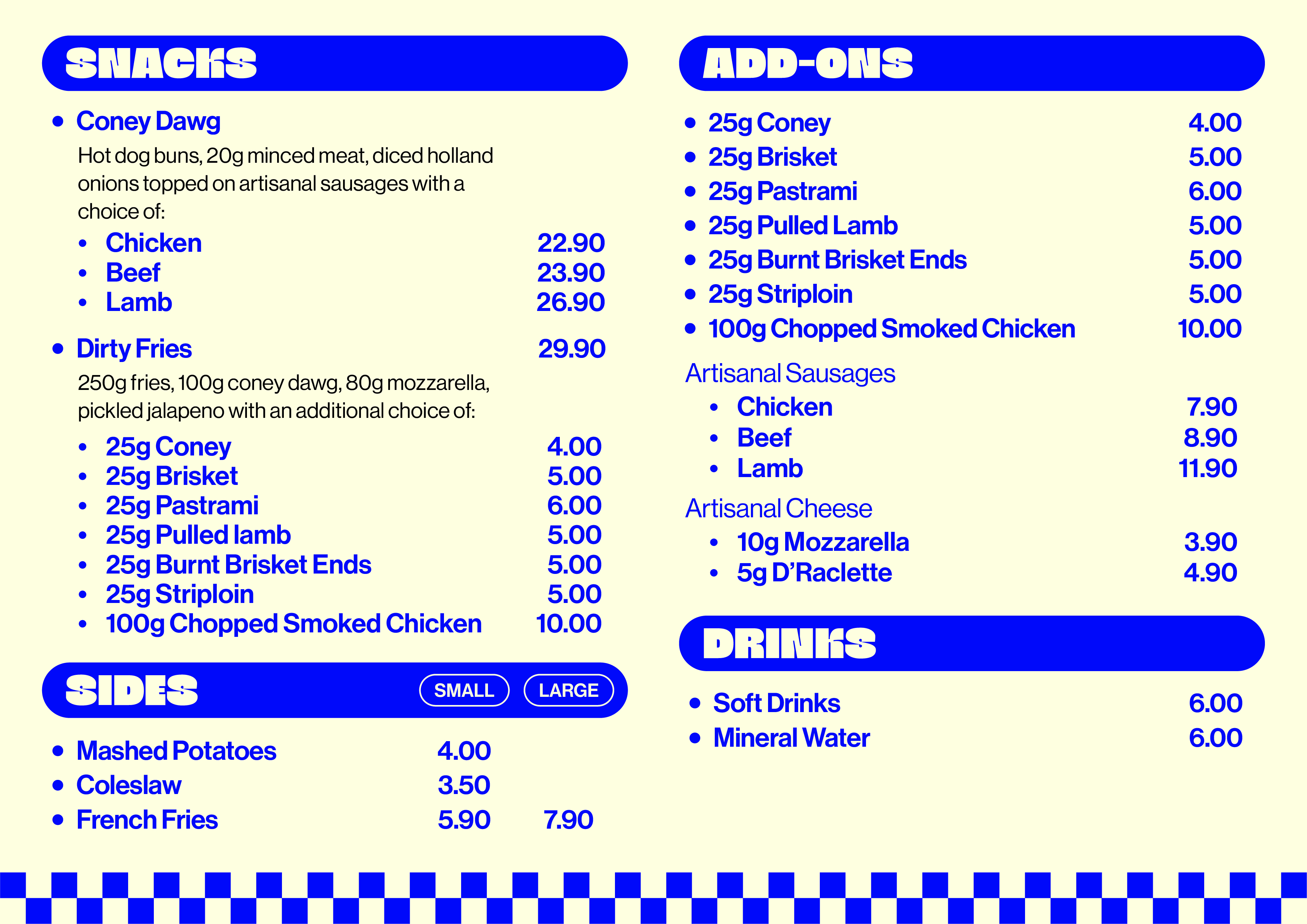 CRUSTED snacks, sides, add-ons, and drinks menu.